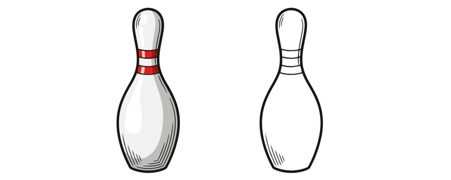 Vector illustration of bowling pin with red stripes in cartoon style, black and white sketch and colorful hand drawn art on white background