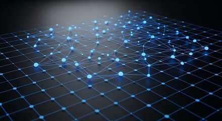 Abstract visualization of a glowing blue digital network with interconnected nodes on a dark grid, representing big data and global communication