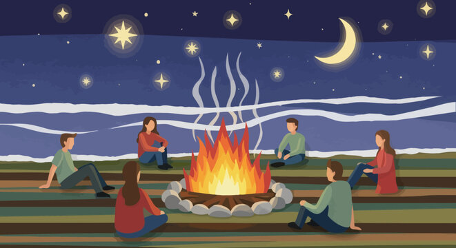 Friends Gathered Around a Campfire Under a Starry Night Sky.