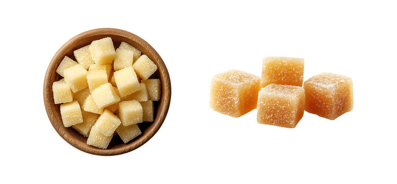 Sugar Cube in Wooden Bowl on Transparent Background