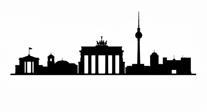 Silhouette of berlin skyline featuring brandenburg gate and television tower in black and white style