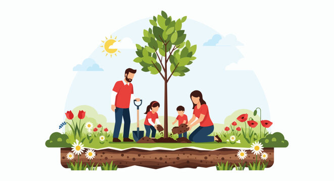Happy Family Planting a Tree Together in a Garden. - Powered by Adobe