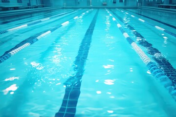 Obraz premium Tranquil indoor swimming pool showcasing glistening water surface with crisp lane markers creating a serene ambiance for relaxation and fitness enhancement contrasting vibrant aqua tones