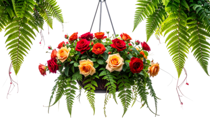 Vivid bouquet of red, orange, and yellow roses in a hanging basket, framed by lush green ferns