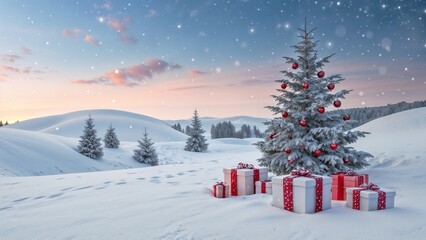 Snowy Christmas Landscape with Decorated Tree, Wrapped Gifts, and Peaceful Winter Sunrise Background