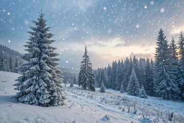 Naklejka premium Snowy Pine Forest Winter Landscape Christmas Background