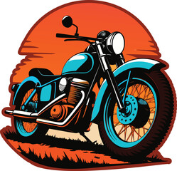 Retro vintage motorcycle illustration in teal and black against orange sunset, bold graphic style