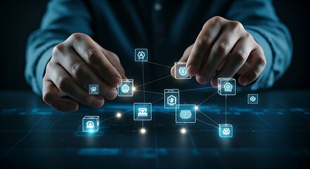 Microservices architecture concept. A hand assembles a complex application using small, independent service blocks that connect via APIs.