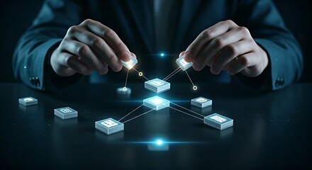 Microservices architecture concept. A hand assembles a complex application using small, independent service blocks that connect via APIs.