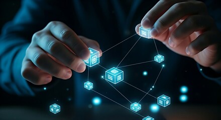 Microservices architecture concept. A hand assembles a complex application using small, independent service blocks that connect via APIs.