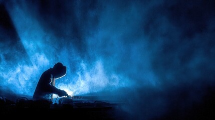Welder silhouette works in blue haze, safety gear on, sparks fly. Use for industrial themes, manufacturing, or strong blue-toned concepts.