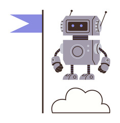 Robot with expressive design stands near a blue flag and a cloud outline. Ideal for AI, robotics, innovation, success, achievement, futuristic concepts, and tech development. A simple flat metaphor