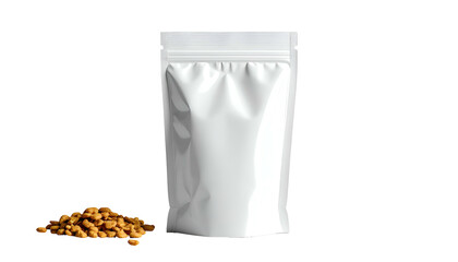 White stand-up pouch and a pile of small, granular kibble against a black backdrop