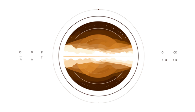 Abstract circular design with mirrored mountain-like forms in earthy tones, against black