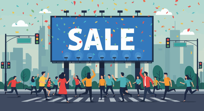 People running towards a large billboard displaying SALE in a city.