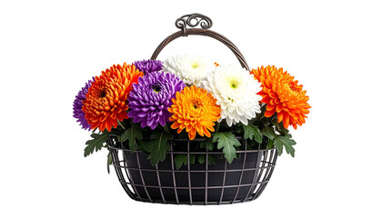 A wire basket overflowing with a vibrant assortment of colorful chrysanthemums