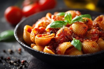 Bowl of pasta shells with red tomato sauce and basil leaves. Perfect for food blogs, restaurant menus, and Italian cuisine themes.