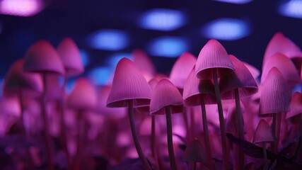 Close medium view of dimmable LED lights casting adjustable brightness on delicate mushroom caps showcasing precise light control for various growth stages.