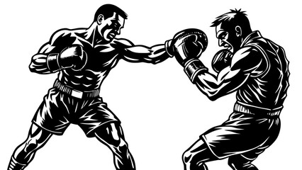 Black and White Vector Illustration of Boxing Sparring