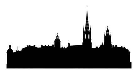 Silhouette of a cityscape featuring prominent spires and domes against a white background view of city