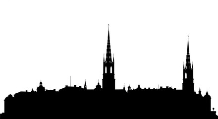 Fototapeta premium Silhouette of a city skyline with prominent spires and domes against a white background view of cityscape