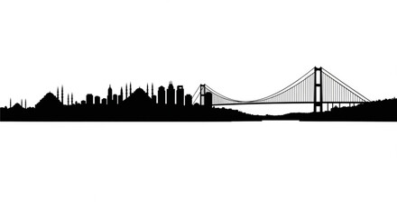 Obraz premium Silhouette of istanbul cityscape with mosques, skyscrapers, and a suspension bridge against a white background