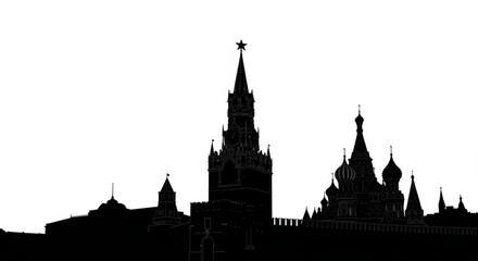 Fototapeta premium Silhouette of moscow kremlin and saint basil's cathedral against a white background at daytime view is visible
