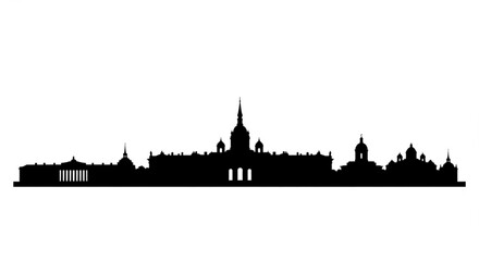 Naklejka premium Silhouette of a city skyline with various buildings and architectural structures in a dark monochrome design