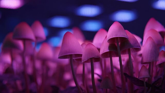 Close medium view of dimmable LED lights casting adjustable brightness on delicate mushroom caps showcasing precise light control for various growth stages.