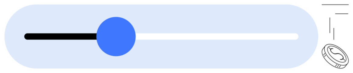 Horizontal slider with blue knob on black-to-white gradient track, small currency icon. Ideal for finance, control, settings, customization, progress, adjustment fintech. Simple flat metaphor