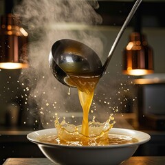 Hot Broth Being Poured Into Bowl with Splash and Steam in Kitchen