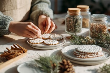 Handmade Christmas ornaments painting process with delicate snowflake patterns on glass balls in natural light