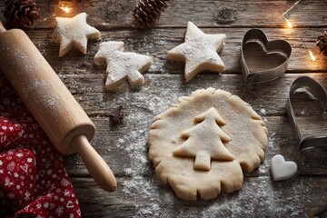 Christmas baking concept with woman preparing dough, spices, and pine branches creating a cozy holiday kitchen atmosphere