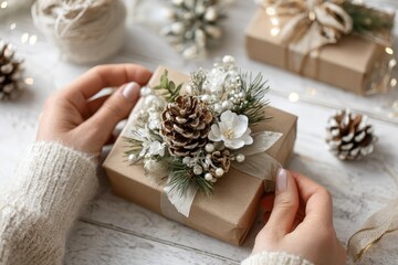 Hands wrapping Christmas gifts with kraft paper and natural twine on white background