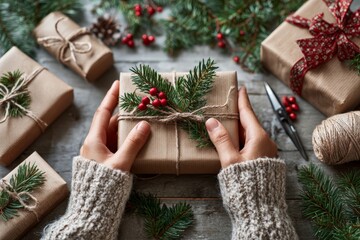 Hands wrapping Christmas gifts with kraft paper and natural twine on white background