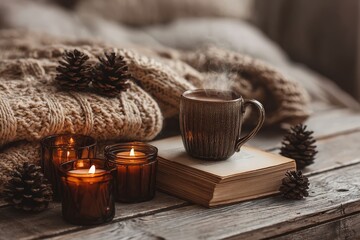 Festive winter scene: cozy mug of coffee, candles, pinecones, and frosted pine branches for a perfect Christmas morning
