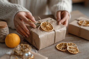 Minimalist Christmas present wrapping station hands tying ribbons on white clean background