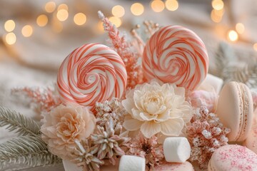 Sweet holiday composition with pink lollipops, macarons, and sugar decorations in cozy Christmas atmosphere