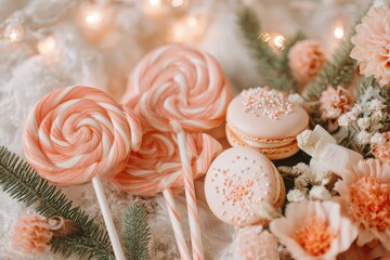 Christmas candy and macarons dessert with pastel decorations, marshmallows, and bokeh lights creating a festive winter mood