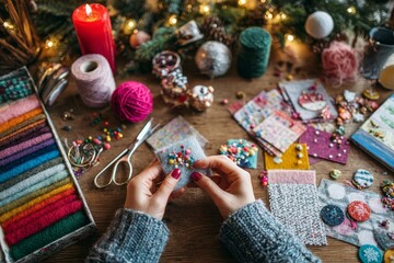 Woman painting white snowflake design on Christmas bauble for cozy holiday home decor.