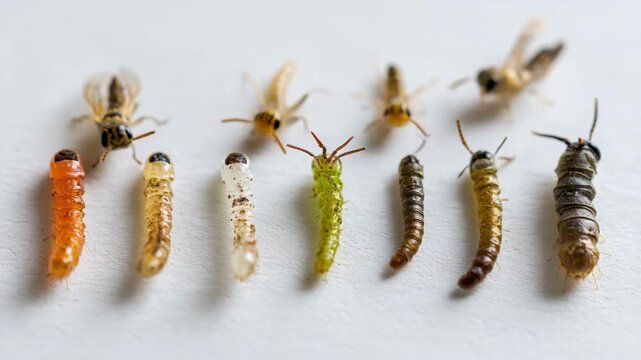 Detailed medium shot of various insect larvae stages showcasing the lifecycle management in insect protein farming for alternative feed solutions.