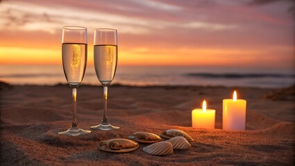 Romantic beach sunset with champagne glasses and candles for a special occasion celebration date night