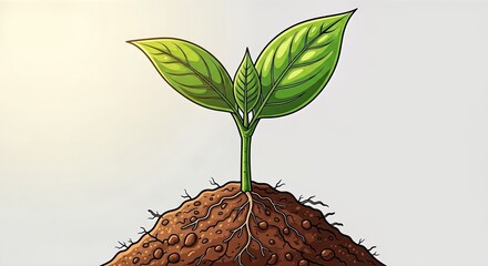 Vibrant Green Sprout Emerging from Rich Brown Soil with Bright Background.