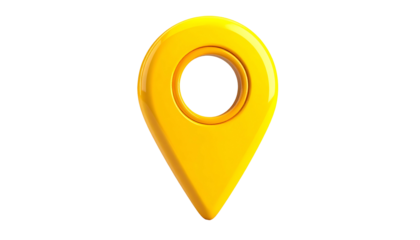 A glossy, yellow location marker with a shadow sits centered on a black background