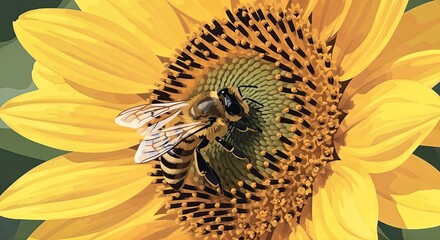 Close-up of a Honey Bee Pollinating a Bright Yellow Sunflower in Summer.