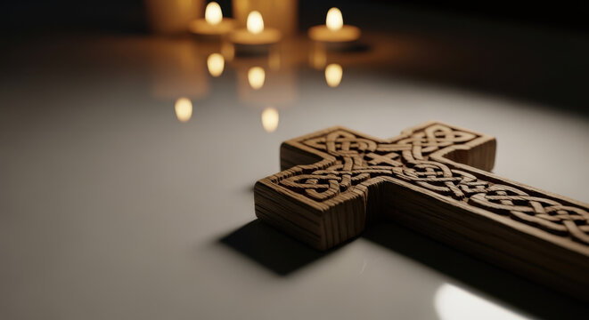 Celtic cross with candles for memorial service, religious background with empty space for text