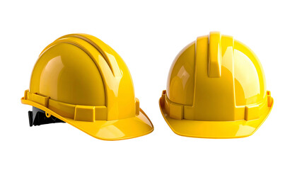 Two yellow, glossy safety helmets displayed, one from the front, the other from the back