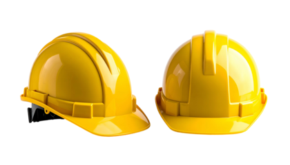 Two yellow, glossy safety helmets displayed, one from the front, the other from the back
