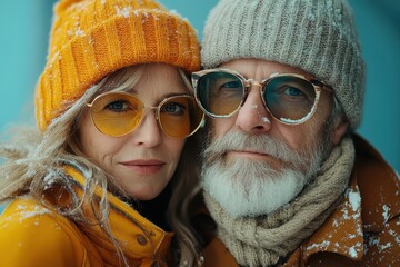 A cheerful couple enjoying a snowy winter day in cozy knit hats and stylish glasses amidst a frosty backdrop