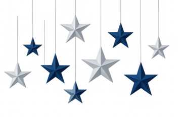 Hanging blue and white stars decoration on transparent background